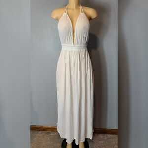White Halter‎ Maxi Sundress Resort Wedding Vacation Size Large Smocked Cover Up